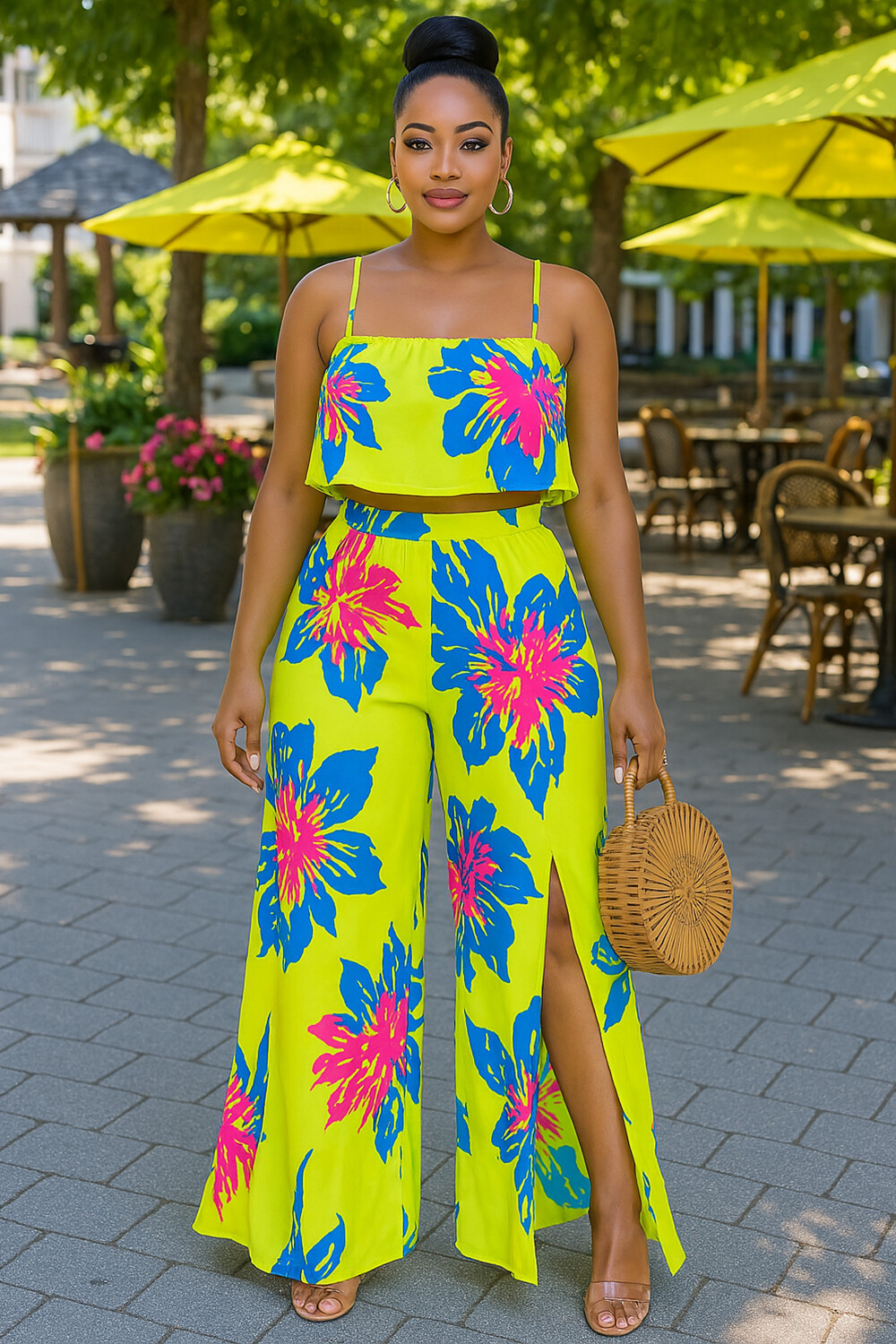 Floral Print Layered Cami Top Slit Wide Leg Pants 2pcs Set-Green [Pre Order]