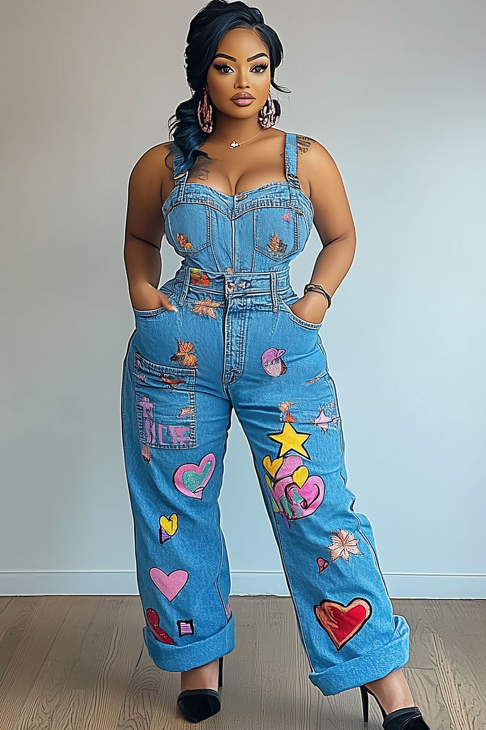 Straps High-Rise Graphic Print Denim Wide Leg Overalls-Blue [Pre Order]