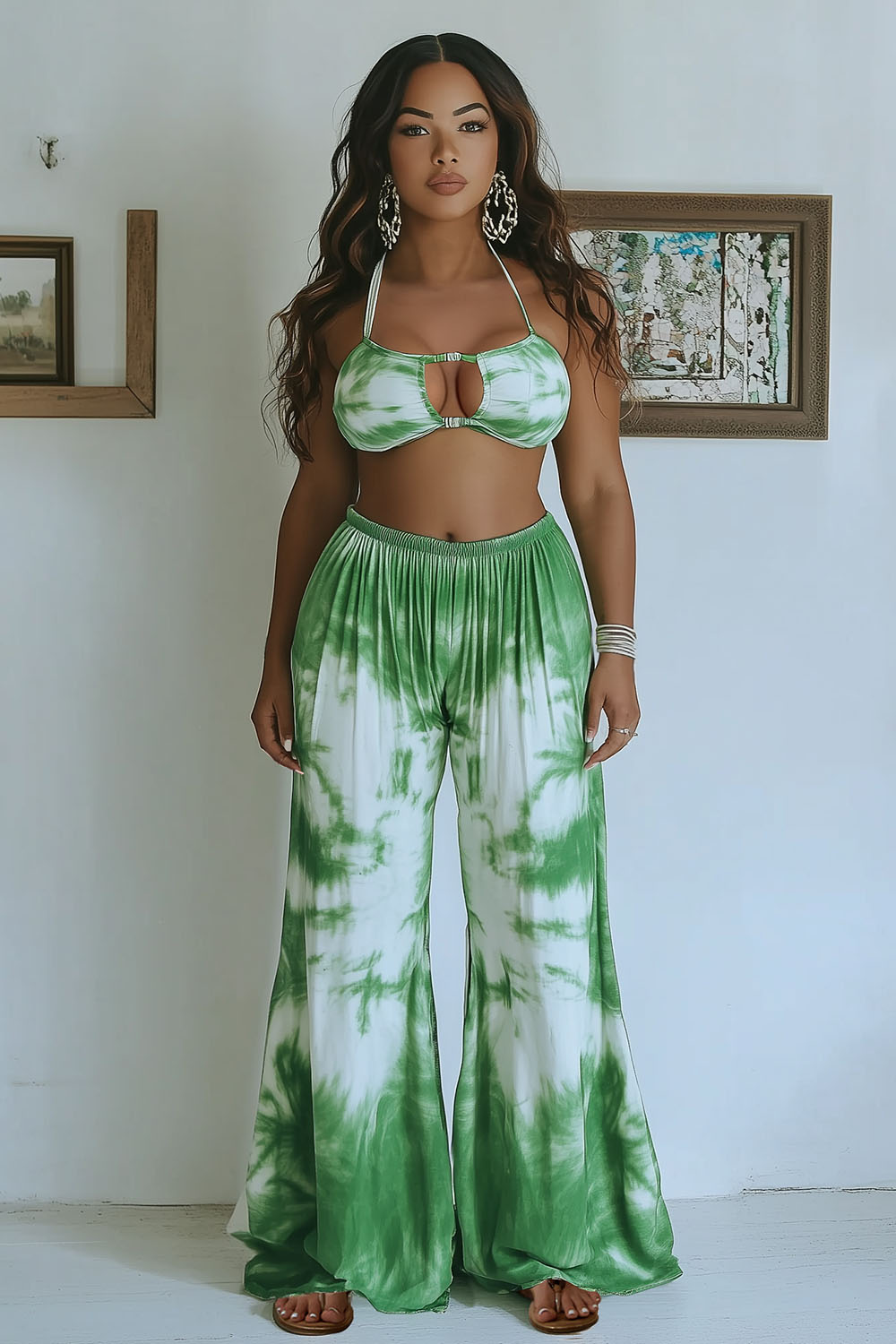 Halter Bra Top Tie Dye Wide Leg Pants Vacation 2pcs Set-Green [Pre Order]