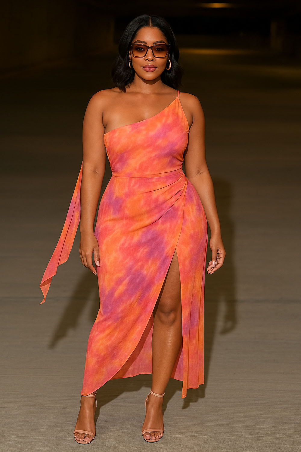 One Shoulder Cami Sash Print Slit Vacation Maxi Dresses-Orange [Pre Order]