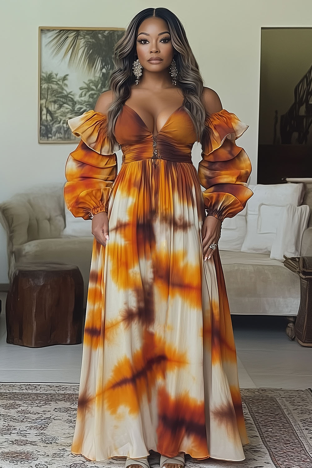 Cold Shoulder Ruffle V Neck Tie Dye Print Maxi Dresses-Orange [Pre Order]