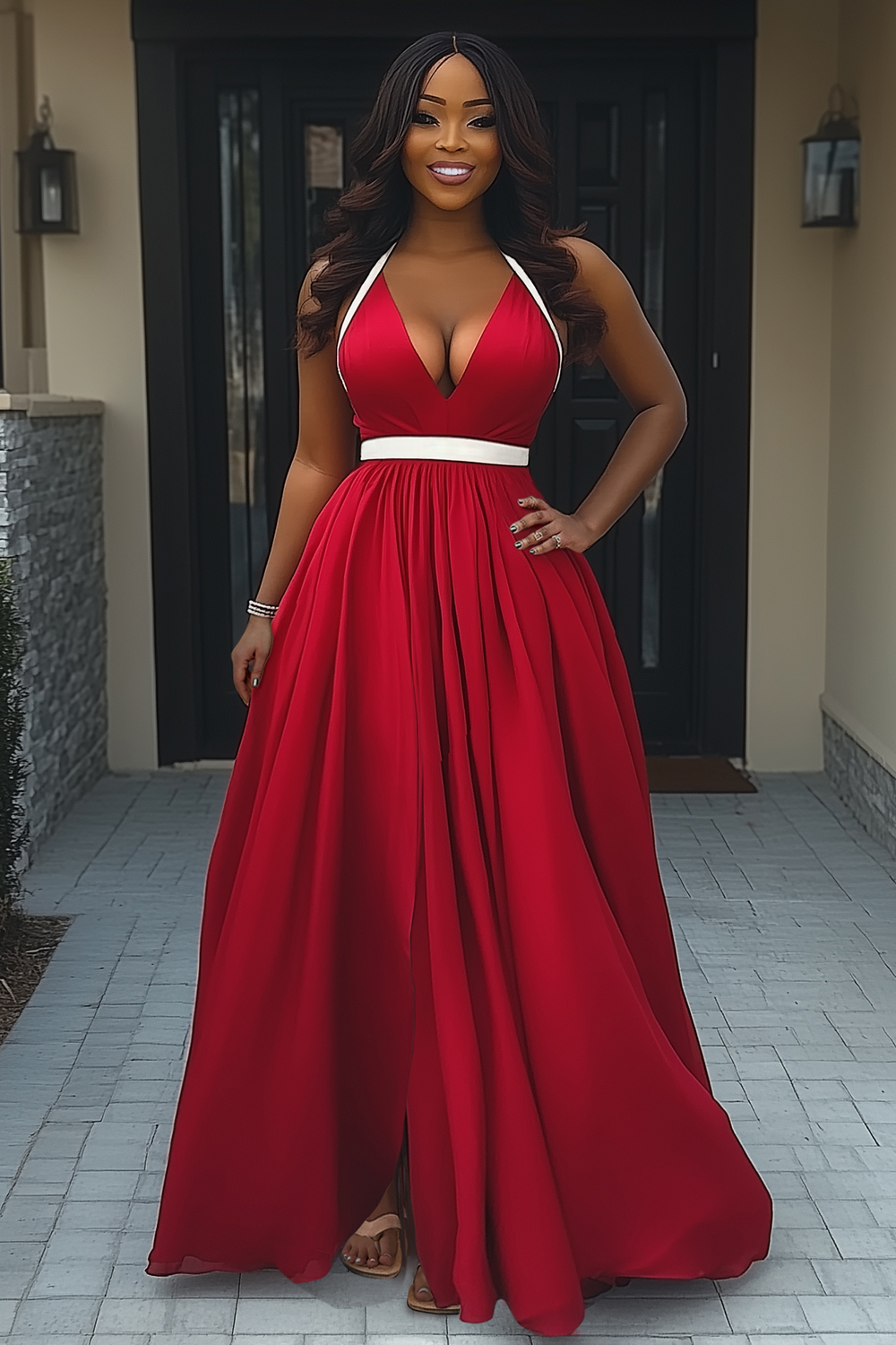 Colorblock Trim Halter V Neck Gathered Party Maxi Dresses-Red [Pre Order]
