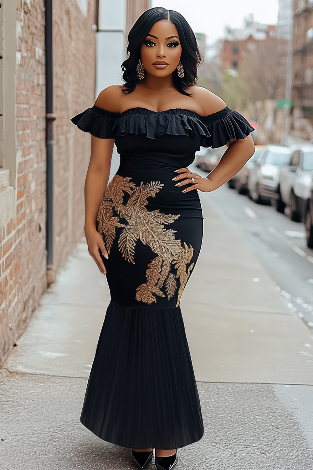 Off Shoulder Ruffle Embroidery Party Maxi Fishtail Dresses-Black [Pre Order]