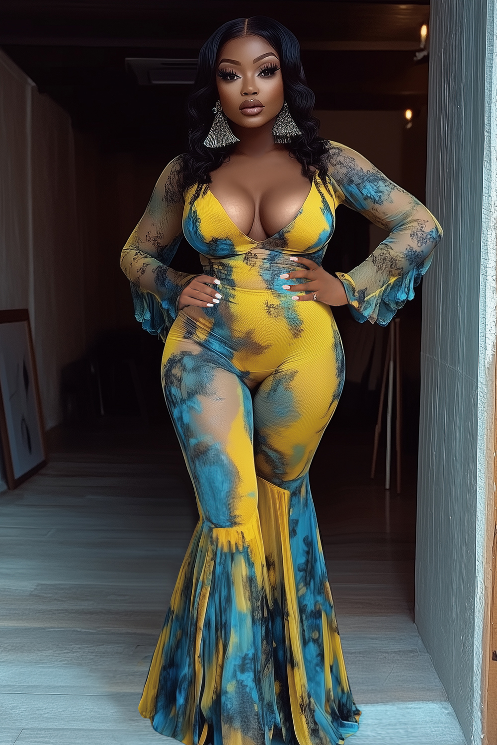 V Neck Print Semi-Sheer Ruffle Party Flare Leg Jumpsuit-Yellow [Pre Order]