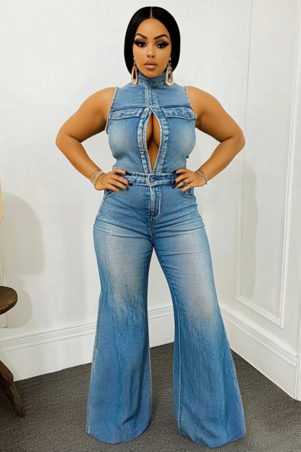 High Neck Sleeveless Cutout Washed Denim Flare Leg Jumpsuit-Blue [Pre Order]