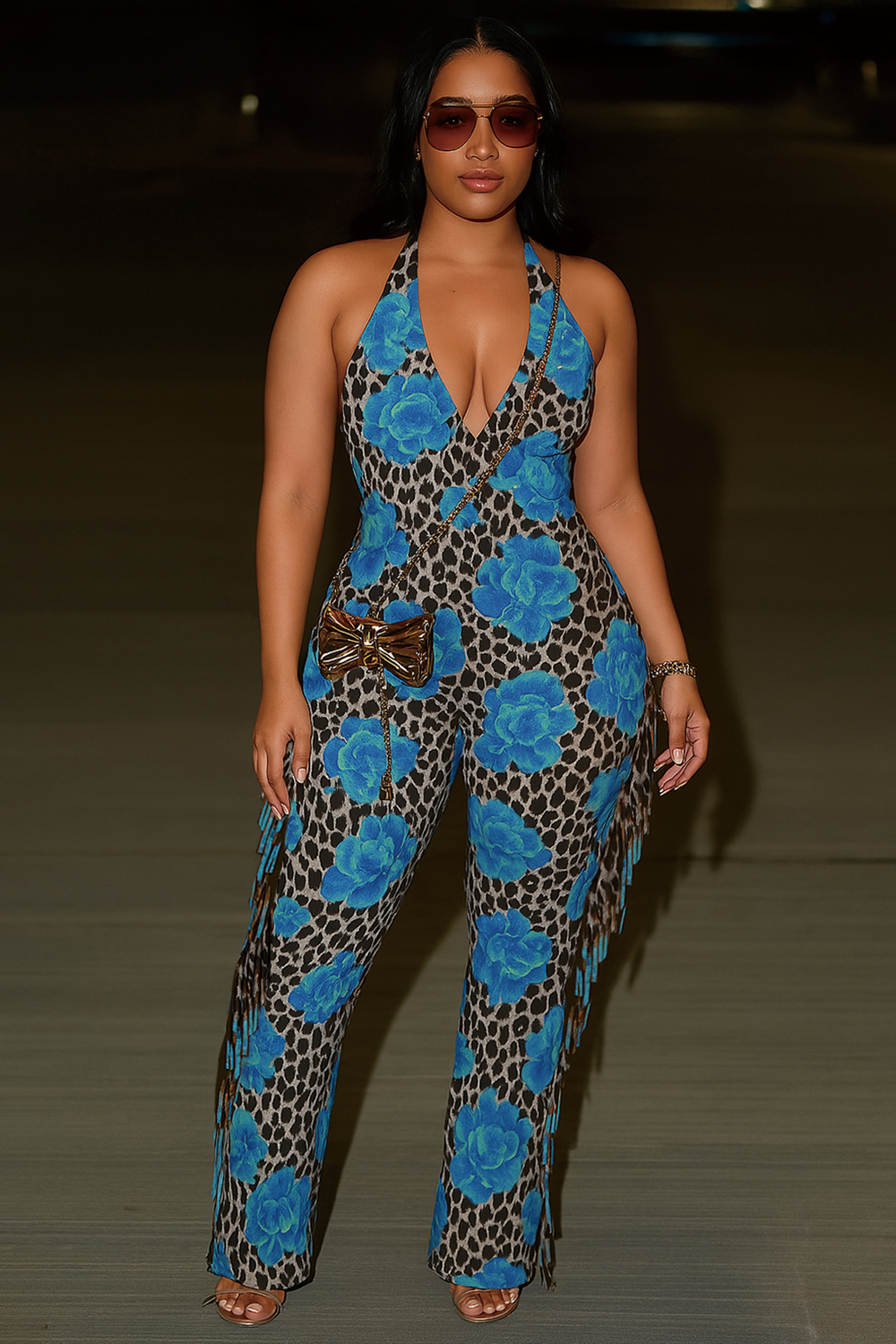 Halter V Neck Backless Floral Leopard Print Party Jumpsuit-Blue [Pre Order]