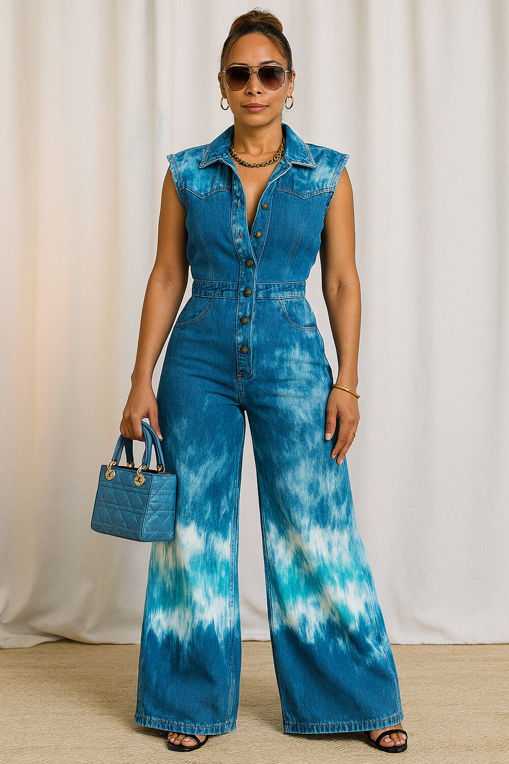 Button Up Sleeveless Cinched Tie Dye Denim Wide Leg Jumpsuit-Blue [Pre Order]
