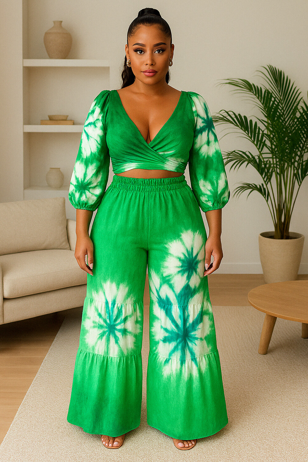 Tie Dye Print 3/4 Sleeve V Neck Top Wide Leg Pants 2pcs Set-Green [Pre Order]