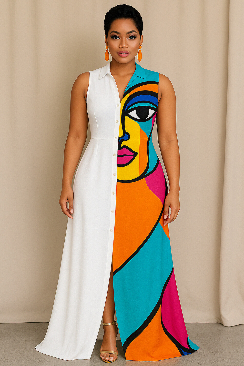 Abstract Print Contrast Button Up Sleeveless Maxi Dresses-White [Pre Order]
