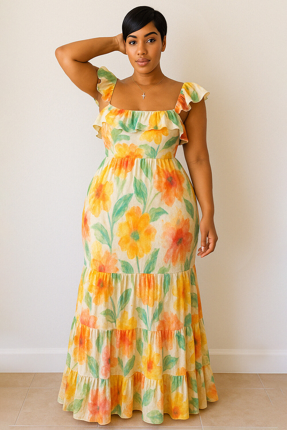 Floral Print Square Neck Flutter Sleeve Maxi Dresses-Yellow [Pre Order]