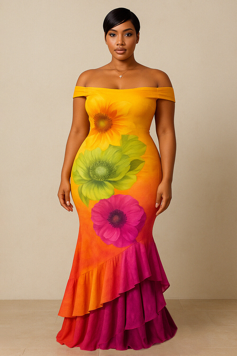 Off Shoulder Ombre Floral Party Fishtail Maxi Dresses-Orange [Pre Order]