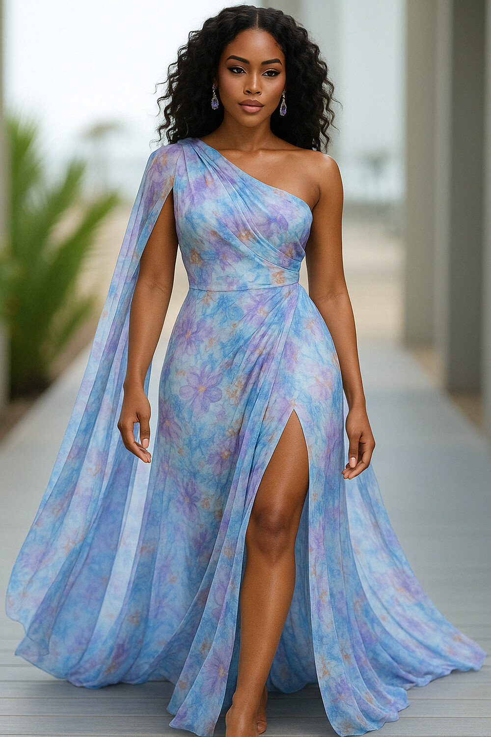 One Shoulder Sash Floral Print High Slit Party Maxi Dresses-Blue [Pre Order]