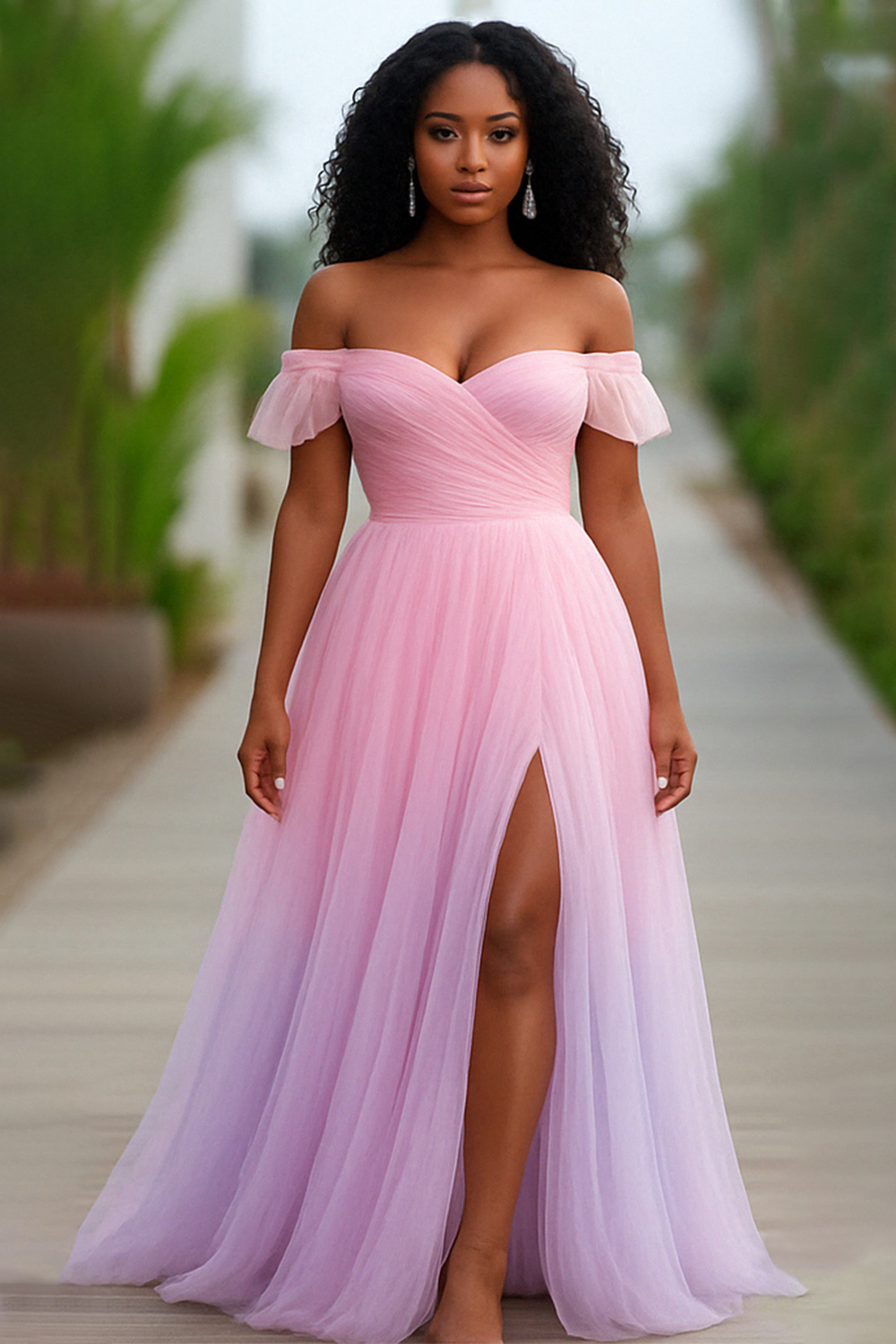 Off Shoulder Ruffle Ombre Slit Tulle Hem Party Maxi Dresses-Pink [Pre Order]
