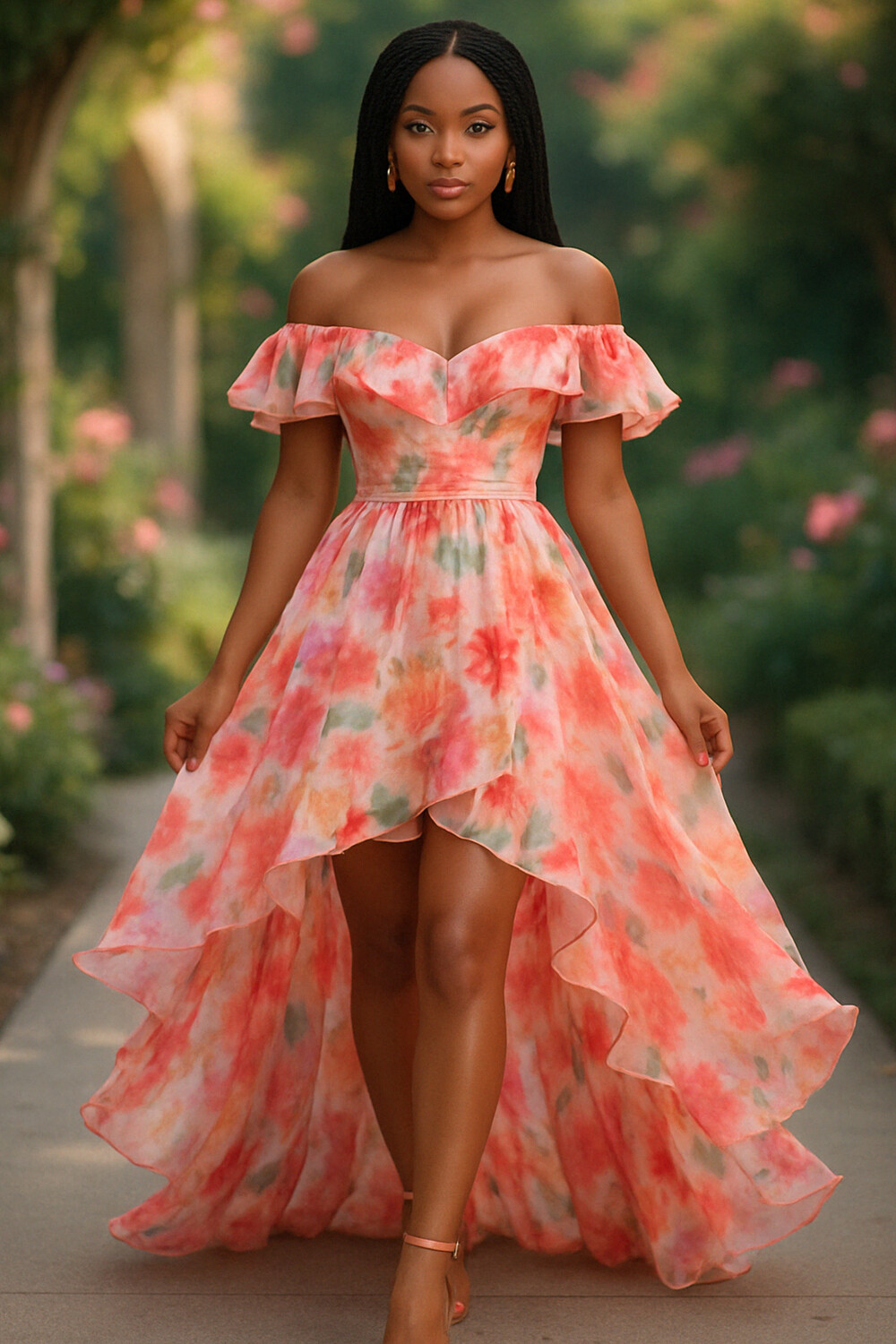 Off Shoulder Ruffle Floral Print Party Maxi Mullet Dresses-Orange [Pre Order]