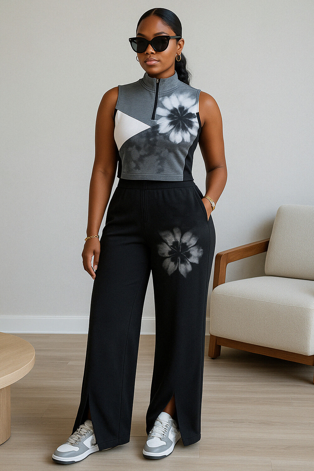 Half-Zip Floral Print Tank Top Slit Cuff Pants 2pcs Set-Black [Pre Order]