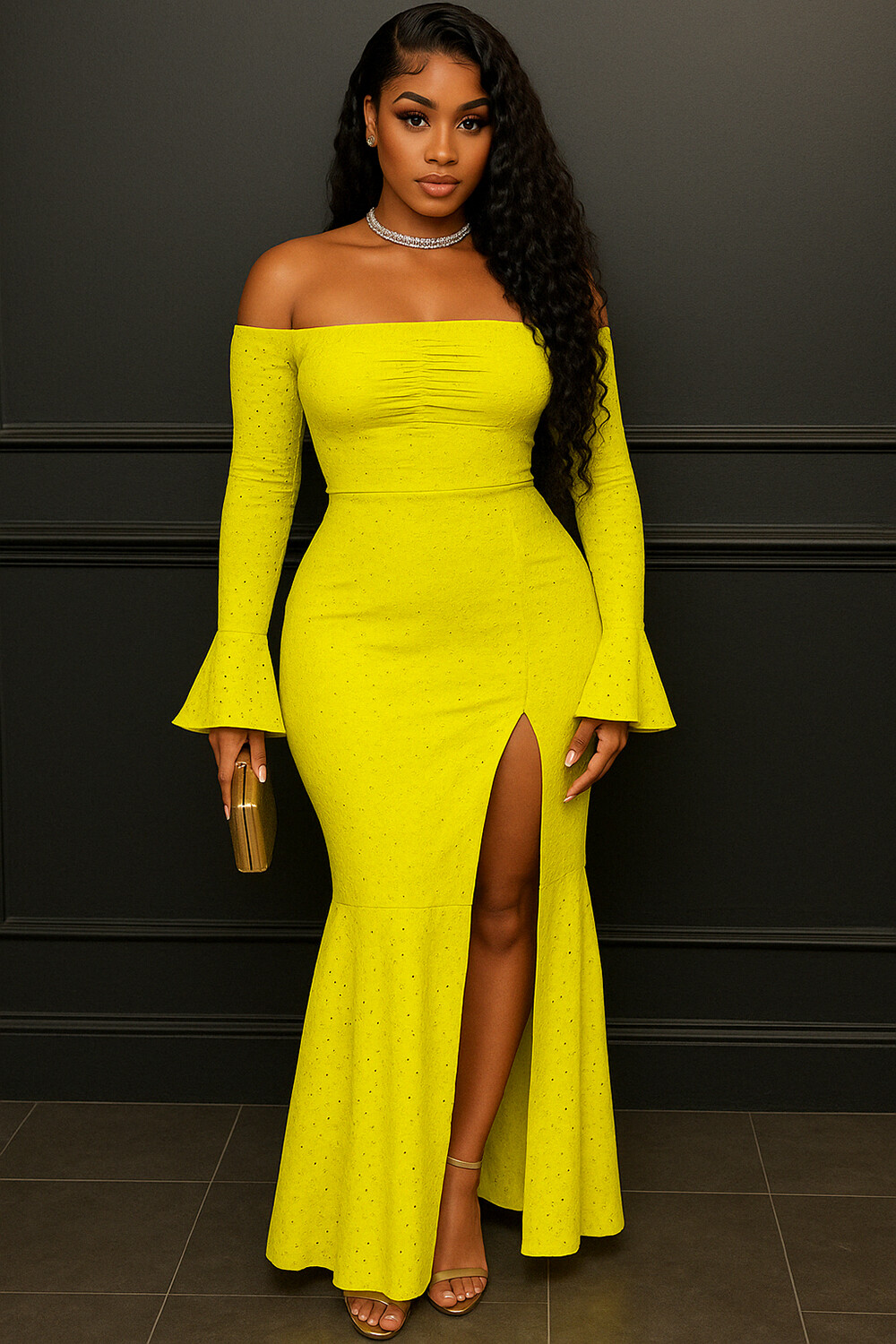 Off Shoulder Flare Sleeve Slit Party Fishtail Maxi Dresses-Yellow [Pre Order]