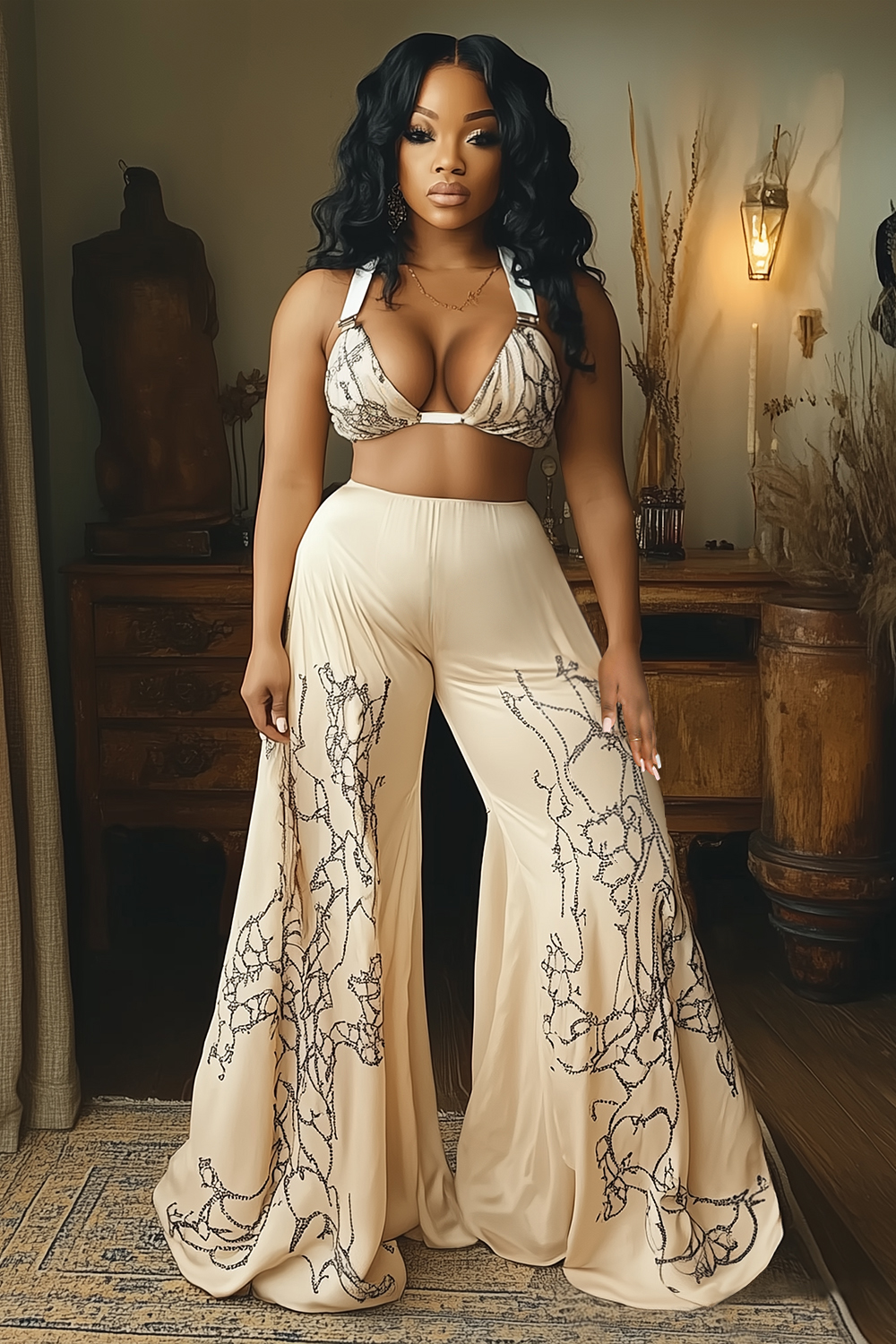 Sketch Print Halter Bra Top Flare Leg Pants Vacay 2pcs Set-Beige [Pre Order]