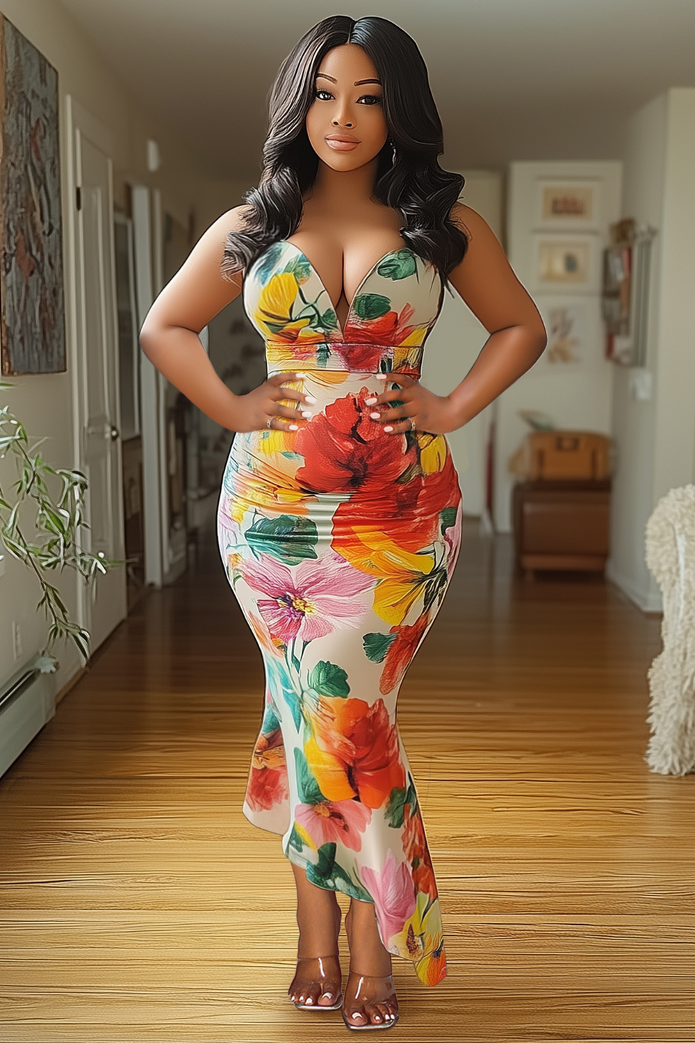 Floral Print V Neck Vacay Party Fishtail Maxi Dresses-Multicolor [Pre Order]