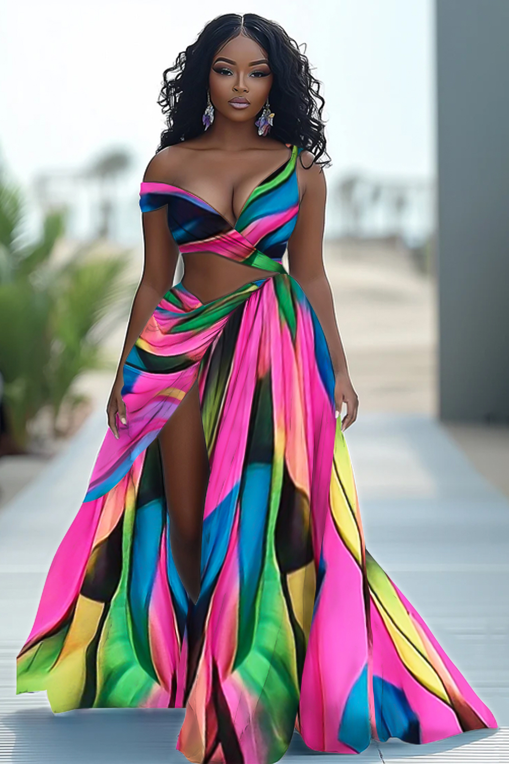 Deep V Neck Cutout High Slit Print Vacay Maxi Dresses-Multicolor [Pre Order]