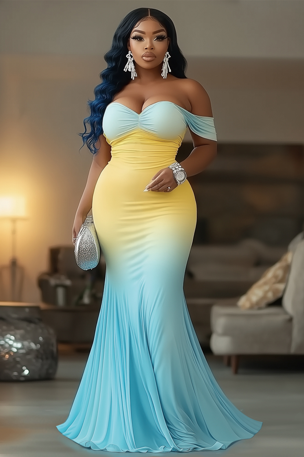 Off Shoulder Ombre Color Print Party Maxi Fishtail Dresses-Blue [Pre Order]