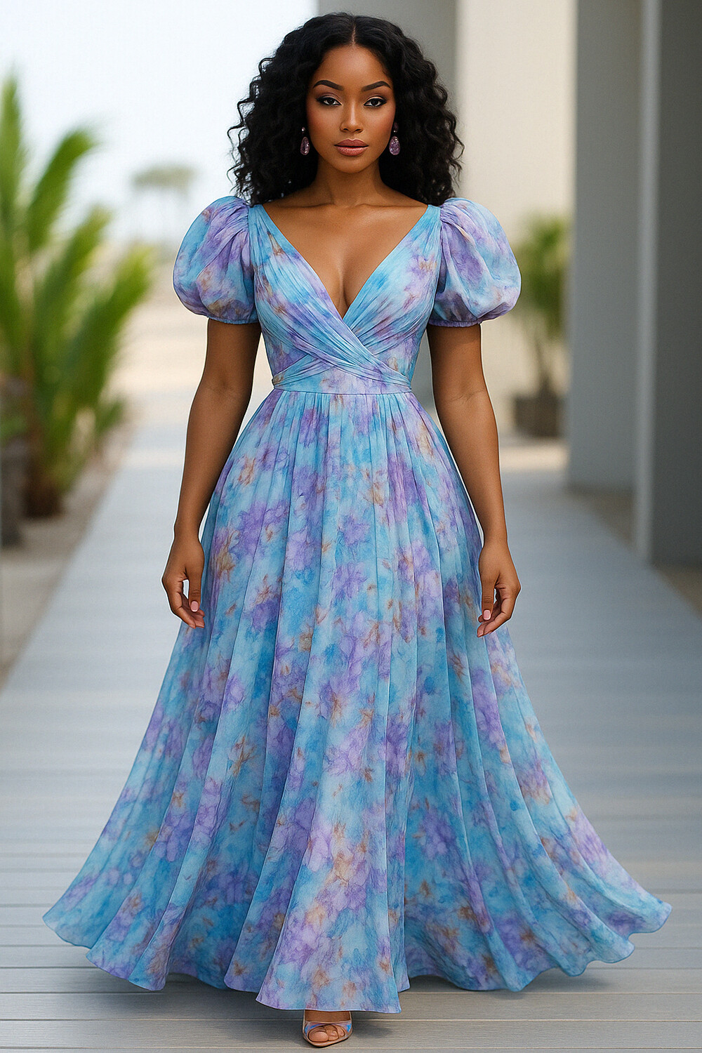 Puff Sleeve Overlap V Neck Floral Print Vacay Maxi Dresses-Blue [Pre Order]