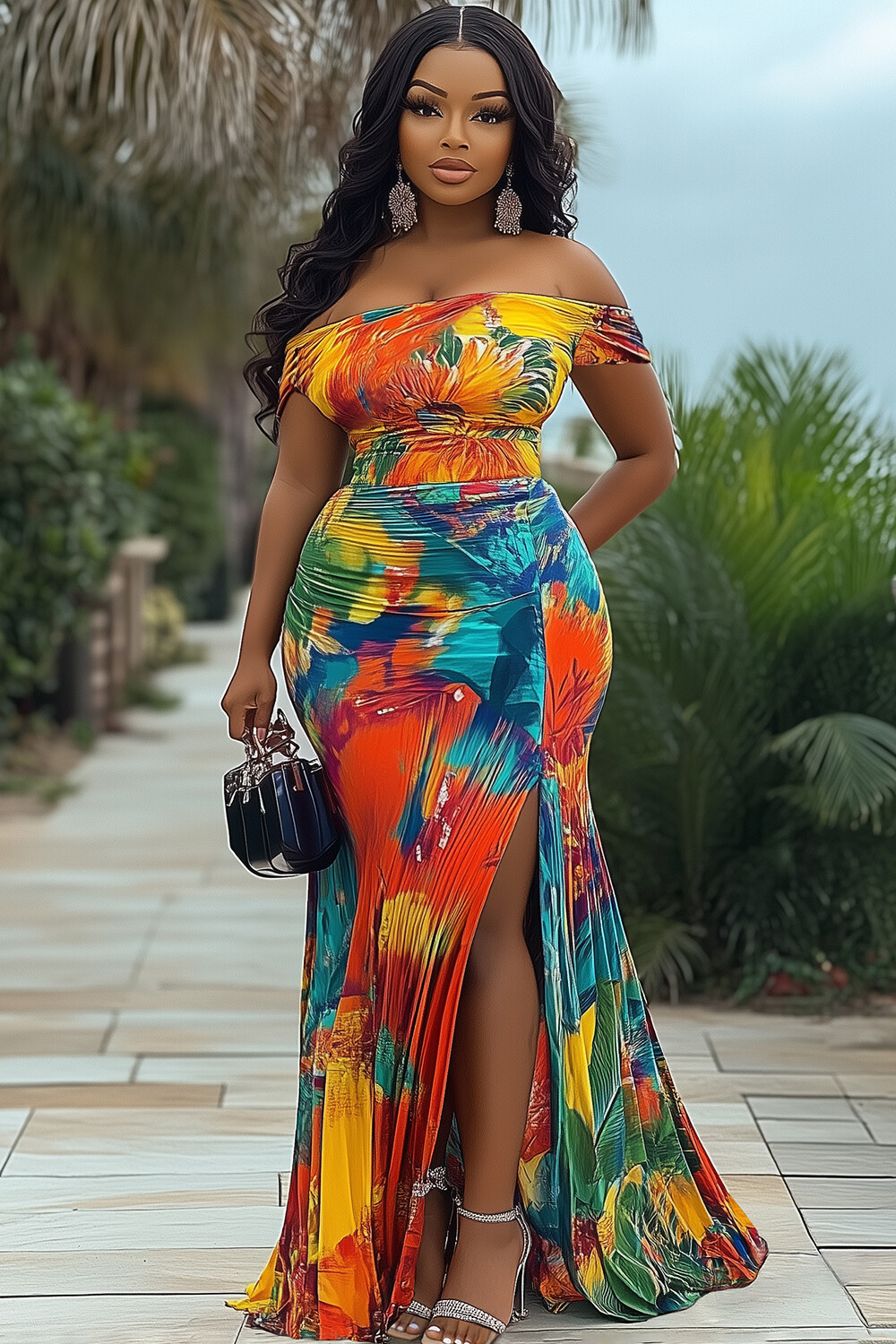 Off Shoulder Floral Print High Slit Party Maxi Dresses-Multicolor [Pre Order]
