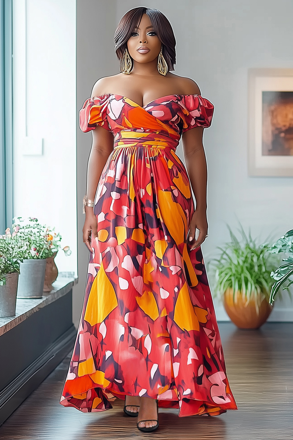 Off Shoulder Overlap Print Gathered Hem Party Maxi Dresses-Red [Pre Order]