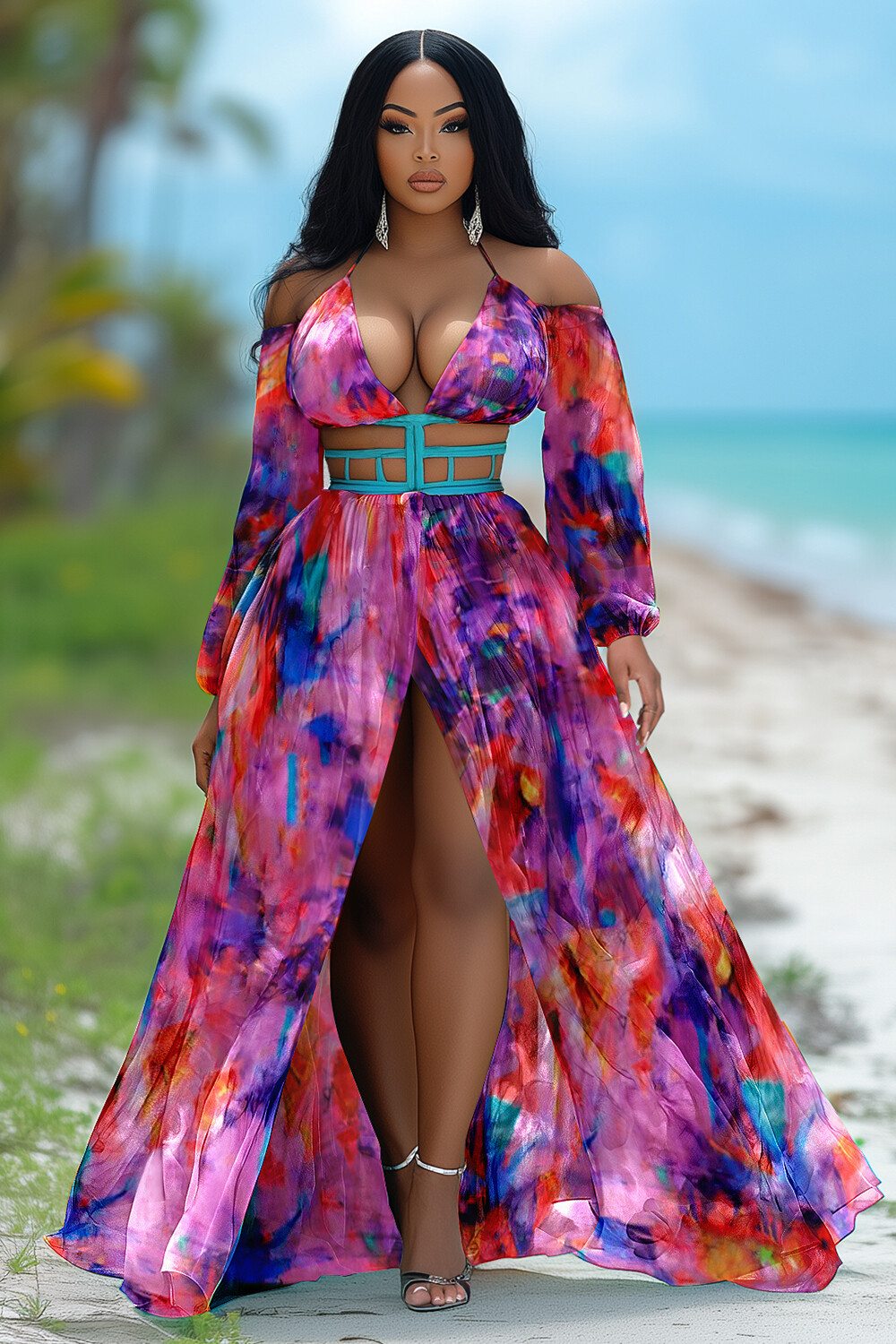 Cold Shoulder V Neck Halter Print Slit Vacay Maxi Dresses-Fuchsia [Pre Order]