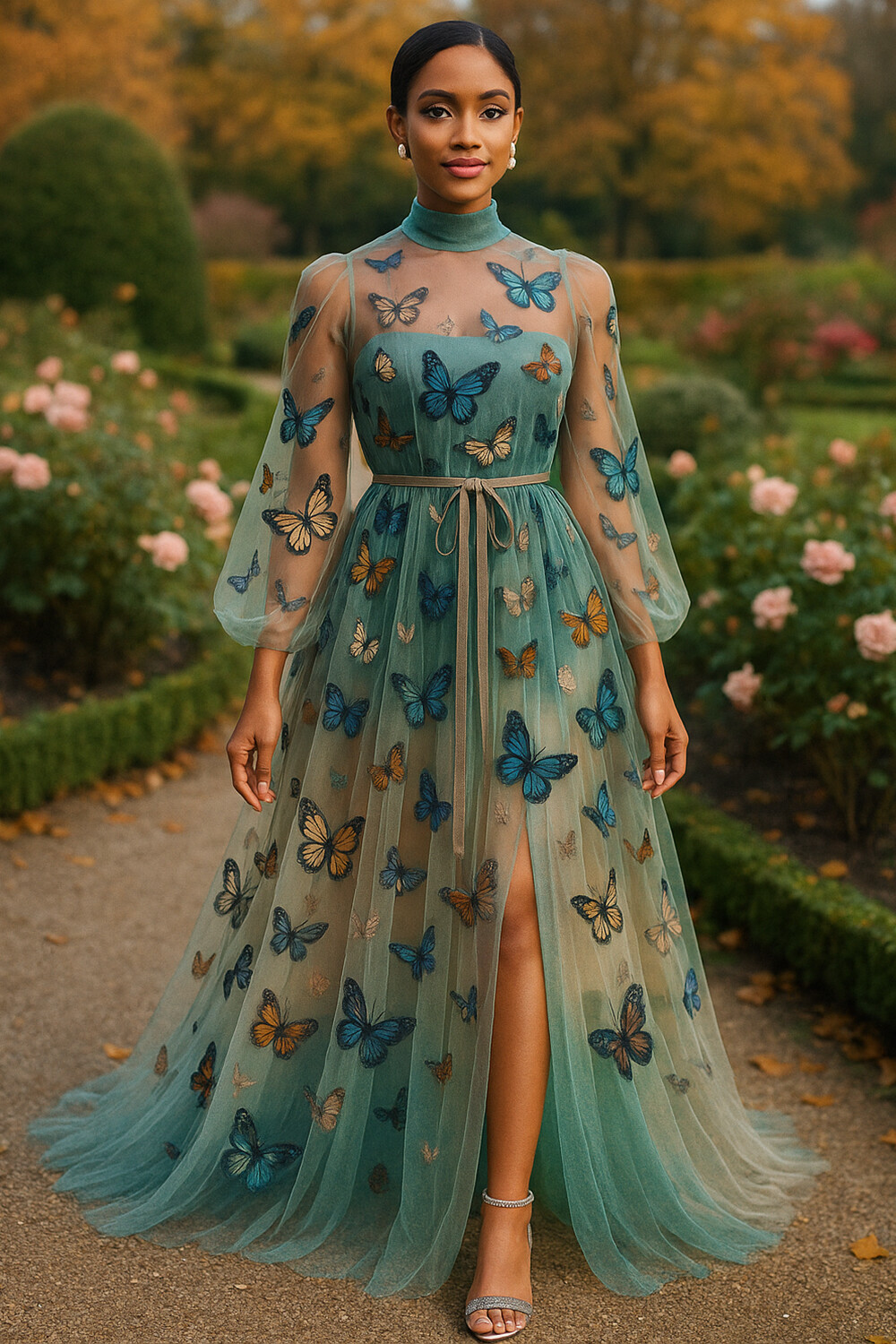 Illusion Mock Neck Butterfly Print Mesh Party Maxi Dresses-Green [Pre Order]