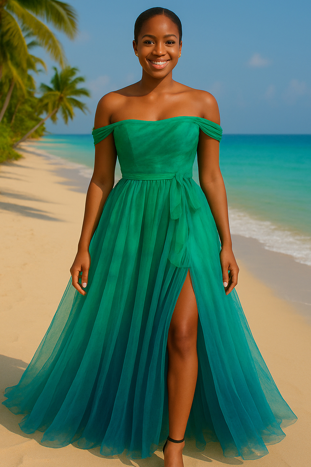 Off Shoulder Cinched Ombre Tulle Slit Party Maxi Dresses-Green [Pre Order]