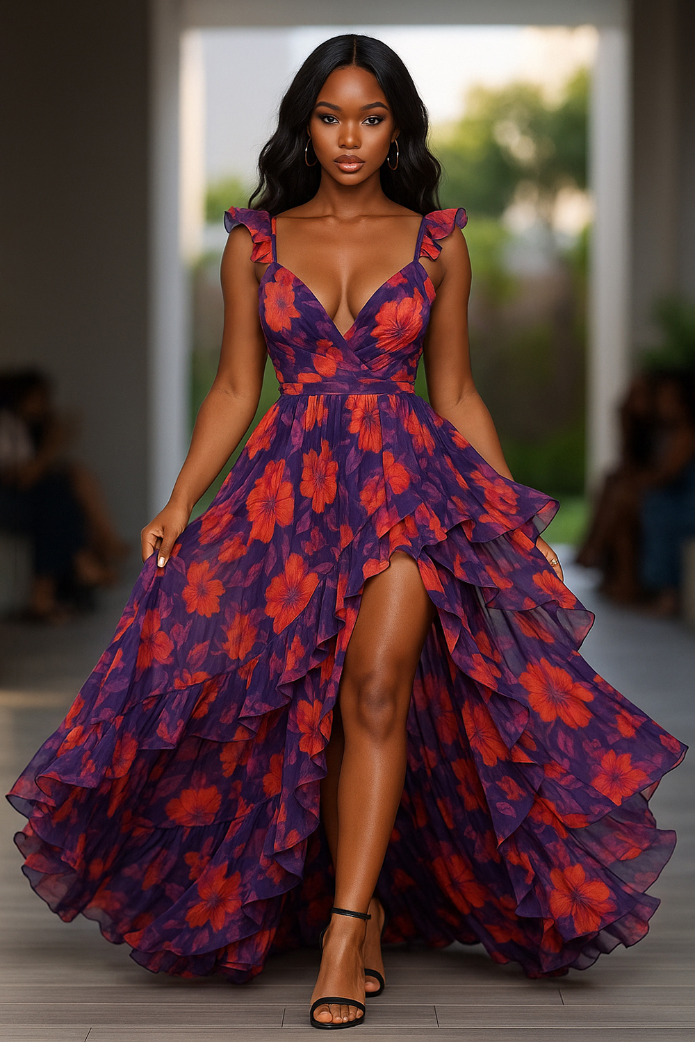 Ruffle V Neck Floral Print Irregular Party Maxi Dresses-Purple [Pre Order]