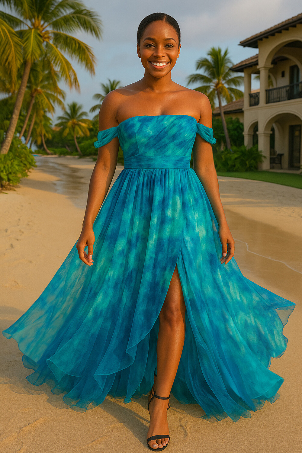 Off Shoulder Gathered Print Tulle Party Maxi Dresses-Turquoise [Pre Order]