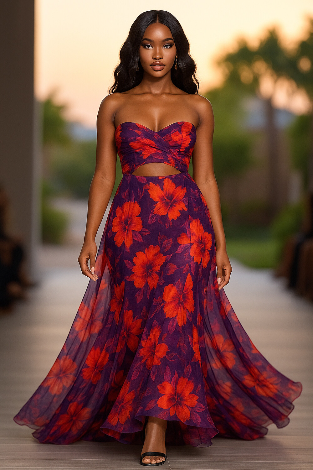 Twisted Strapless Cutout Floral Print Party Maxi Dresses-Purple [Pre Order]