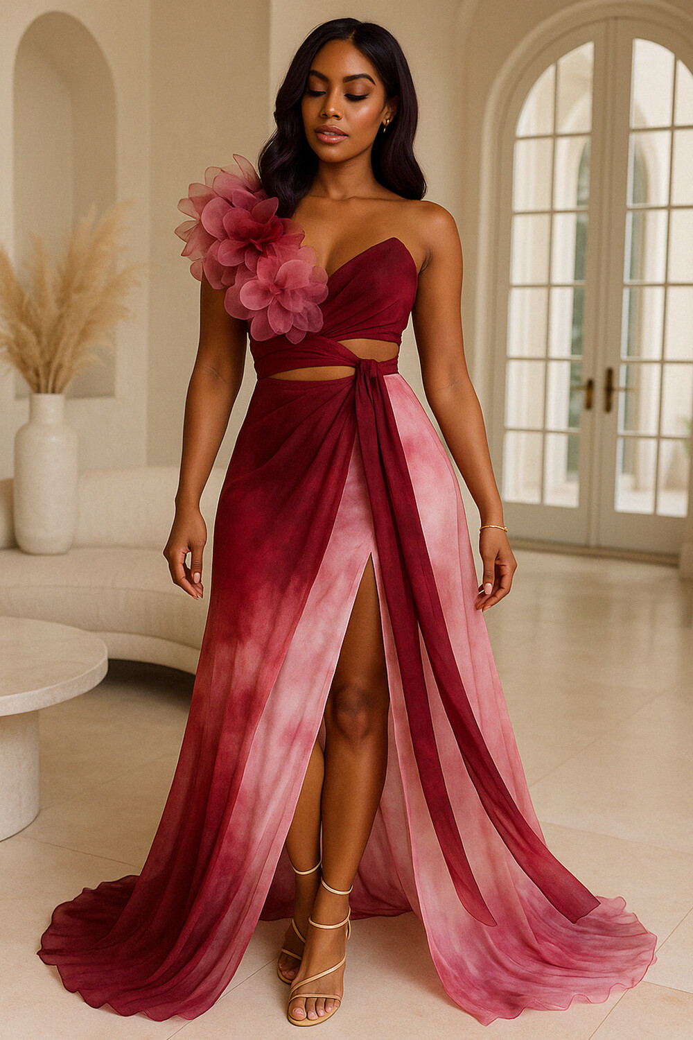 Rosette Decor Ombre Haze Print Sash Party Maxi Dresses-Burgundy [Pre Order]