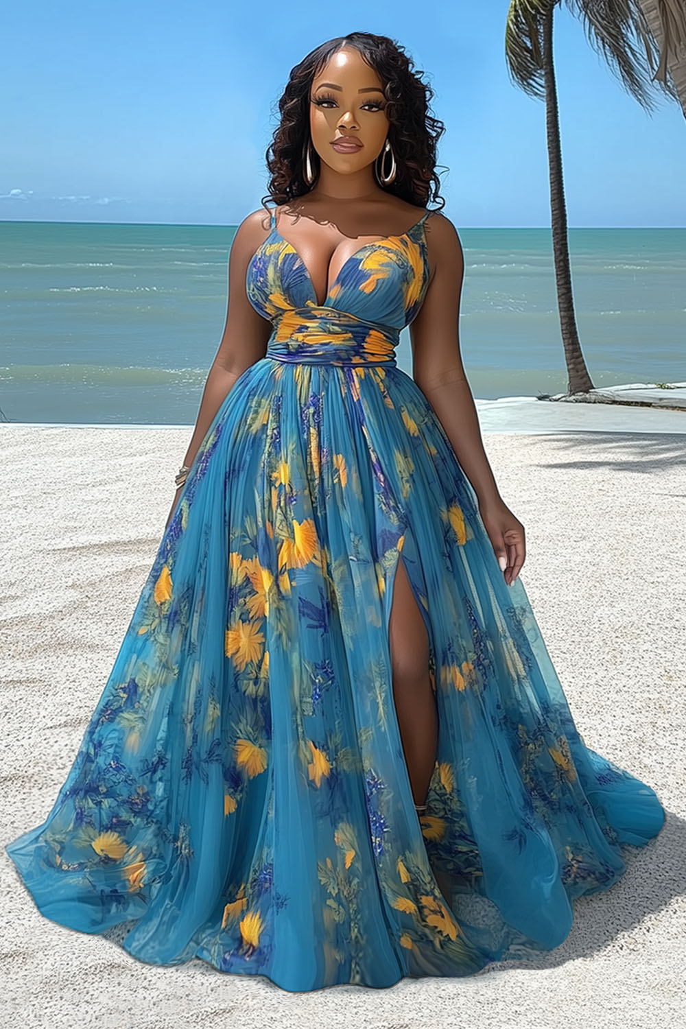V Neck Cinched Gathered Floral Print Vacay Cami Maxi Dresses-Blue [Pre Order]