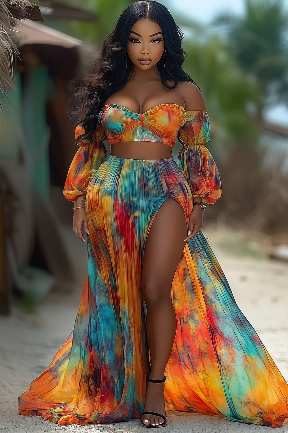 Tie Dye Off Shoulder Crop Top Maxi Skirt Vacay 2pcs Set-Orange [Pre Order]