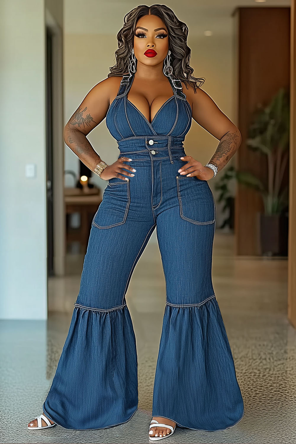 V Neck Buckle Strap Seam Detail Denim Flare Leg Jumpsuit-Blue [Pre Order]