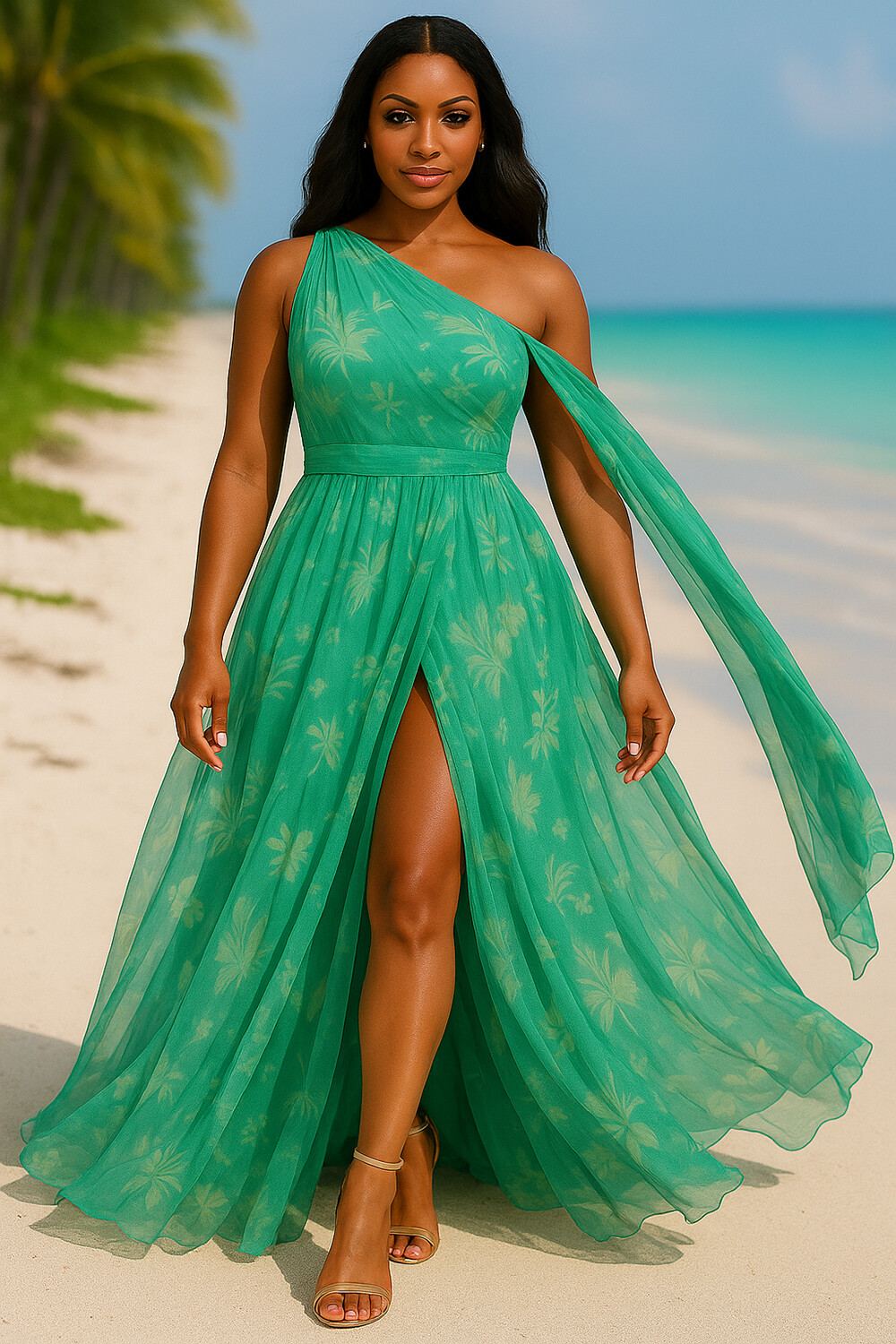 One Shoulder Sash Floral Print Mesh Party Maxi Dresses-Green [Pre Order]
