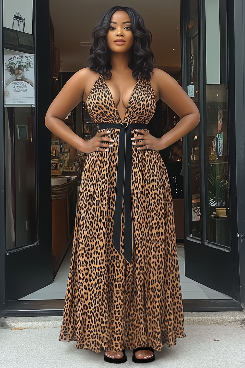 Leopard Print V Neck Cami Knotted Waist Vacay Maxi Dresses-Brown [Pre Order]