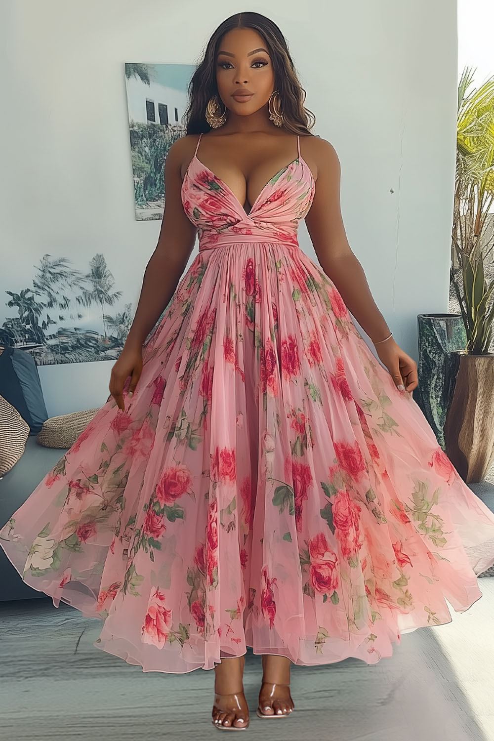 Floral Print Mesh V Neck Gathered Vacay Cami Maxi Dresses-Pink [Pre Order]