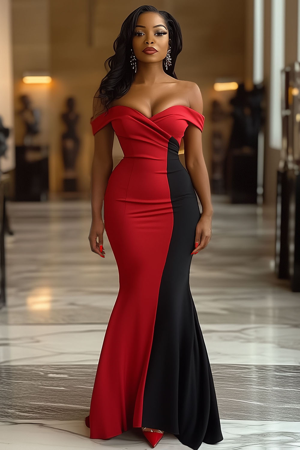 Colorblock Off Shoulder Bandeau Party Fishtail Maxi Dresses-Red [Pre Order]