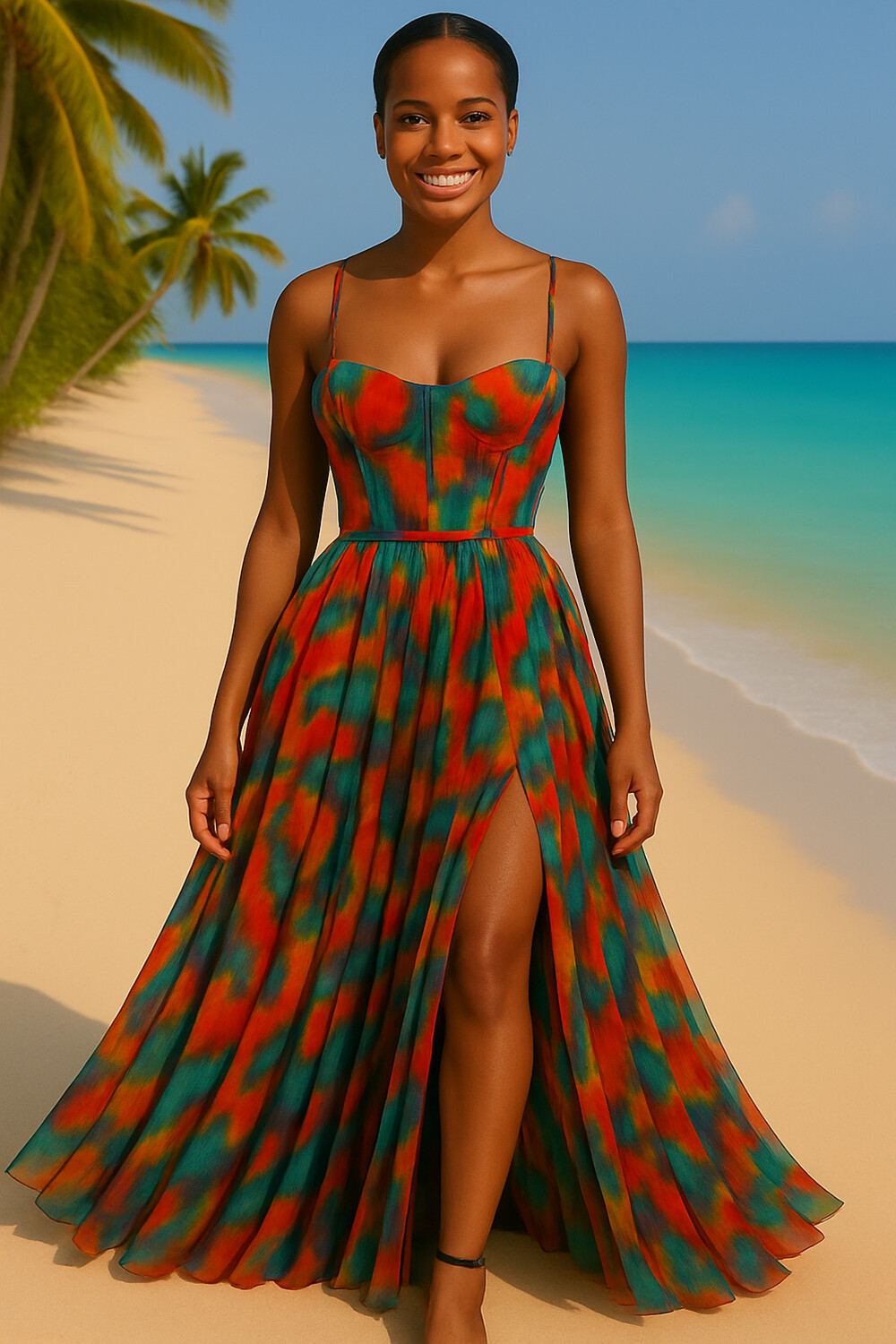 Ombre Pattern Print Cinched Slit Vacay Cami Maxi Dresses-Green [Pre Order]