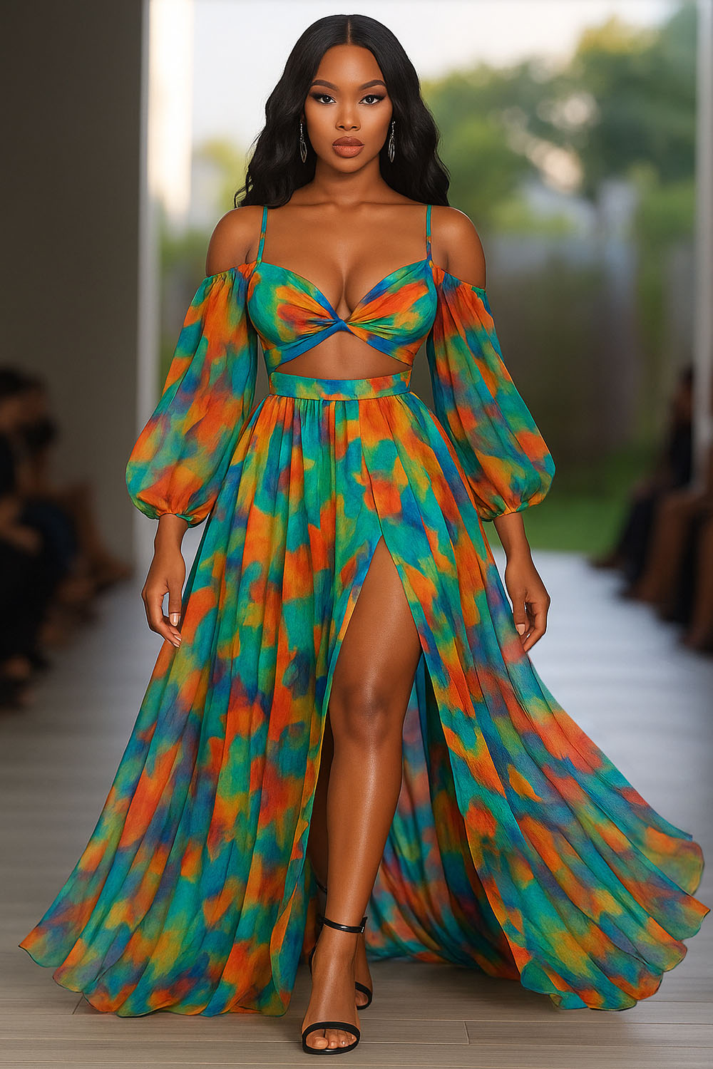 Cold Shoulder Cami Bell Sleeve Print Vacay Maxi Dresses-Green [Pre Order]