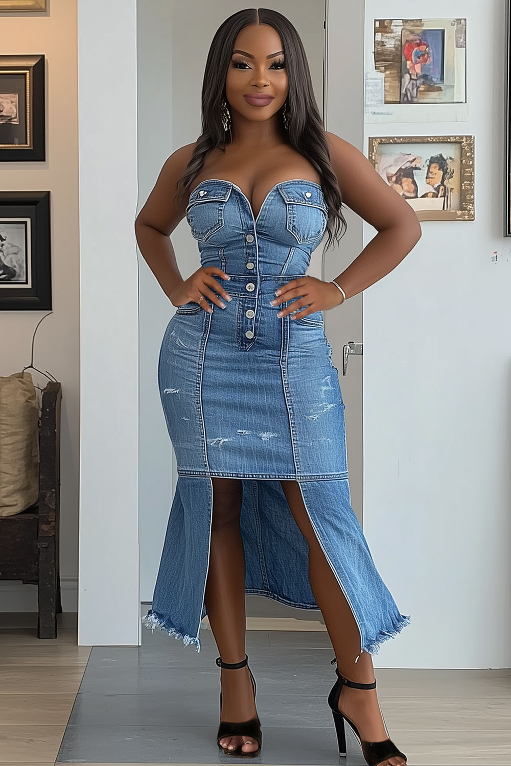 Button Up Asymmetric Frayed Hem Denim Midi Tube Dresses-Blue [Pre Order]