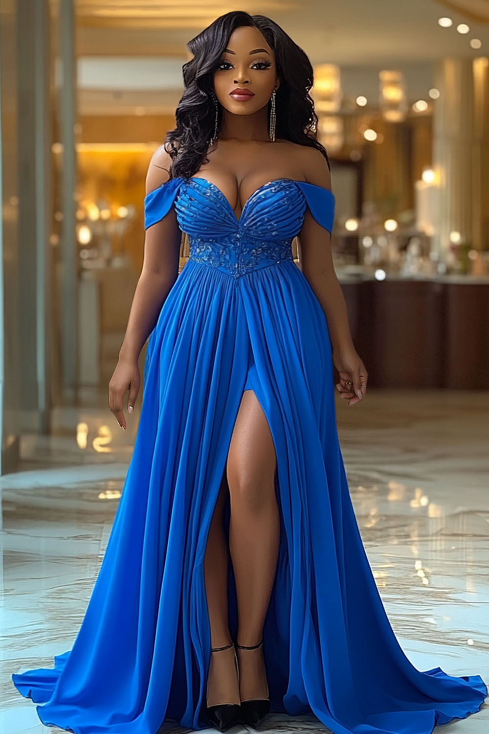 Off Shoulder Folds High Slit Formal Party Maxi Dresses-Blue [Pre Order]