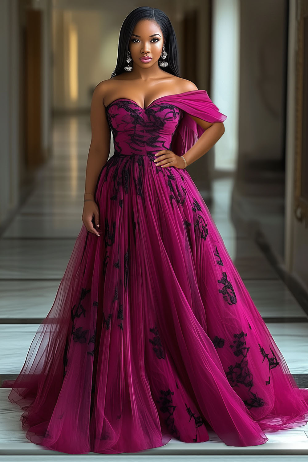 Off Shoulder Floral Print Tulle Formal Party Maxi Dresses-Fuchsia [Pre Order]