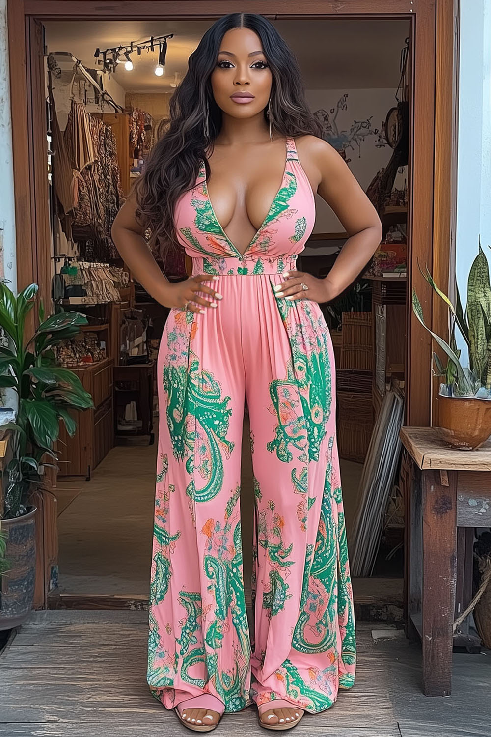 V Neck Sleeveless Boho Print Vacation Wide Leg Jumpsuit-Pink [Pre Order]