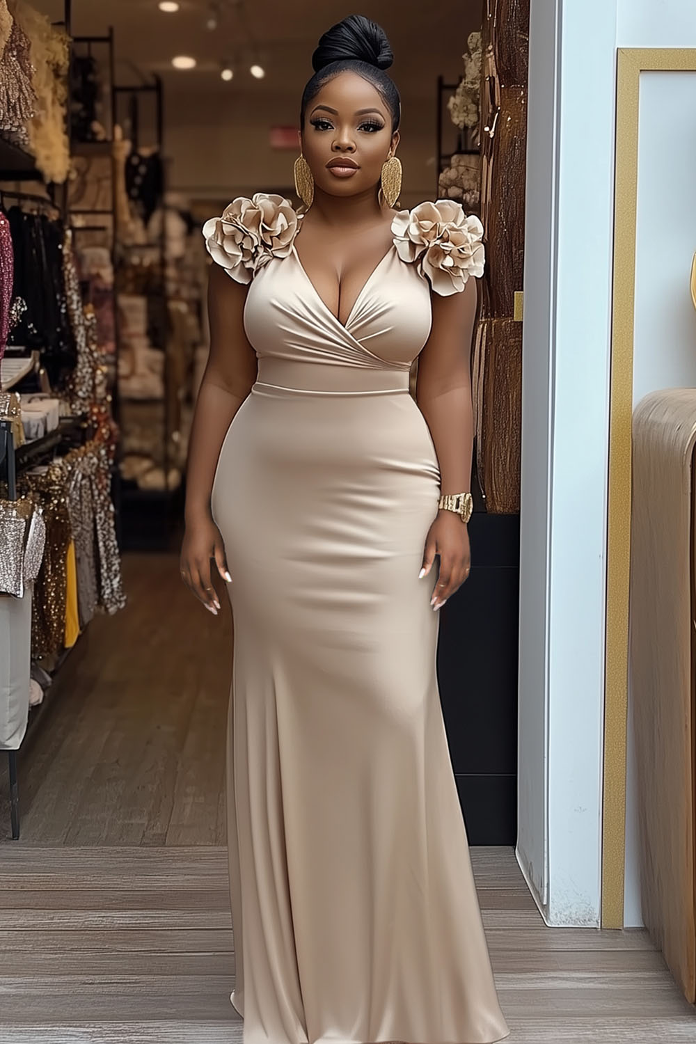 Overlap V Neck Rosette Decor Cinched Party Maxi Dresses-Champagne [Pre Order]
