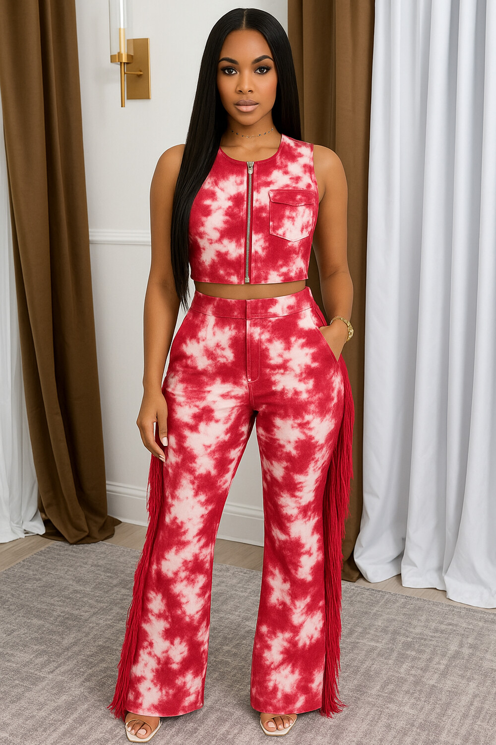 Zip-Up Sleeveless Top Tie Dye Print Fringe Pants 2pcs Set-Red [Pre Order]