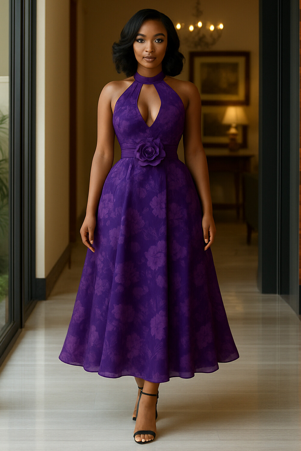 Halter Keyhole Neck Floral Print Party Maxi Dresses-Purple [Pre Order]